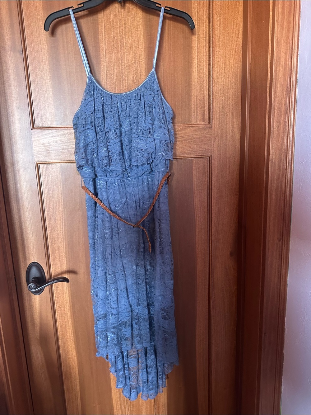 Love Reign Dusty Blue Lace High-Low Dress with Braided Belt